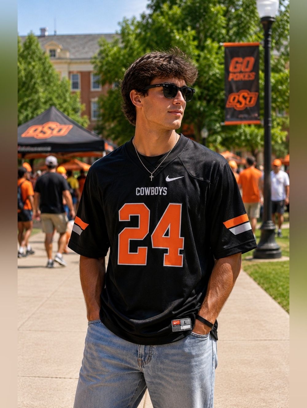 Nike Team Oklahoma State Cowboys #24 Football Jersey Black Orange Men’s Lg NCAA